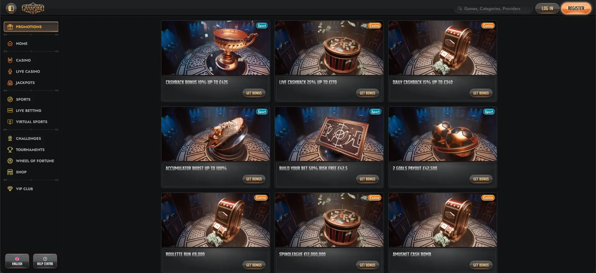 Gransino Promotions Grid interface
