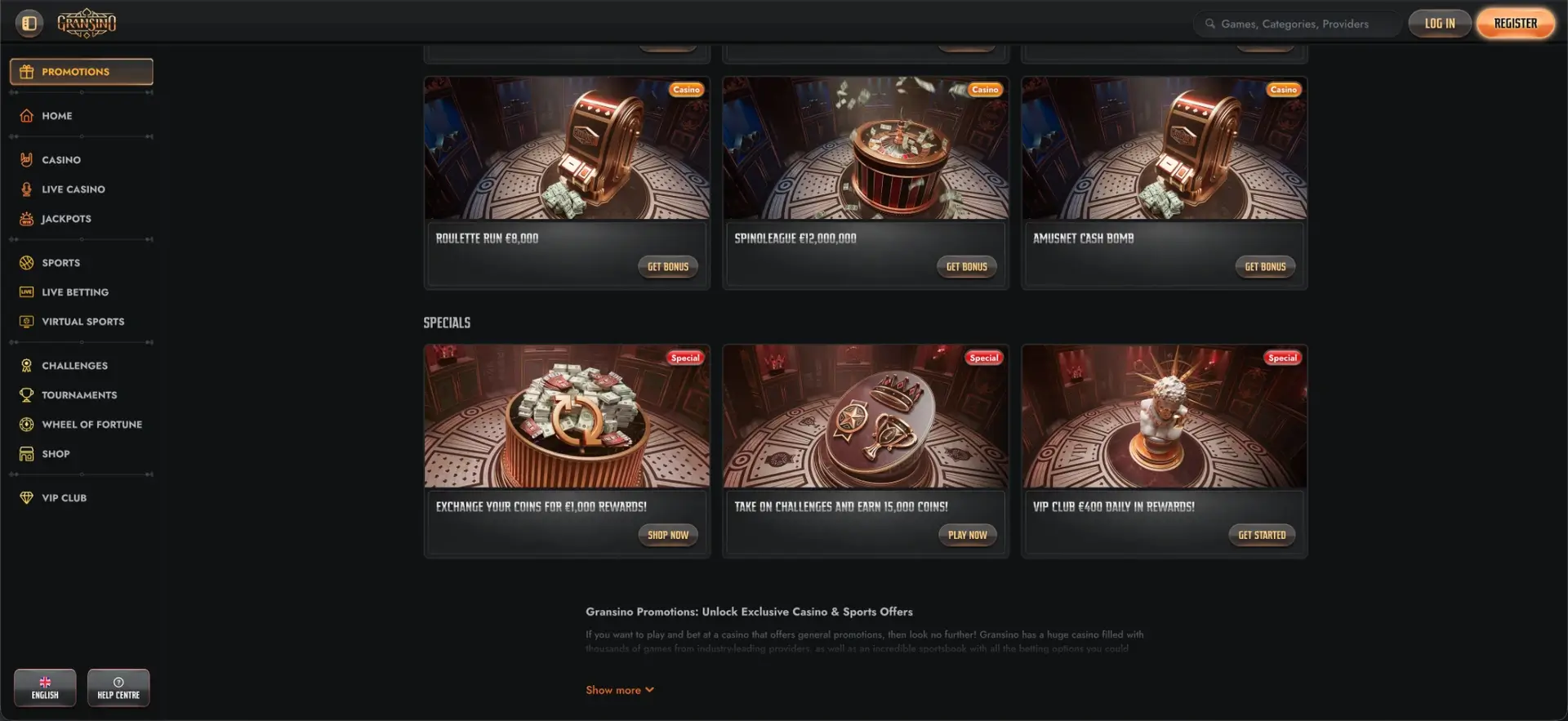 Gransino Promotions Specials interface