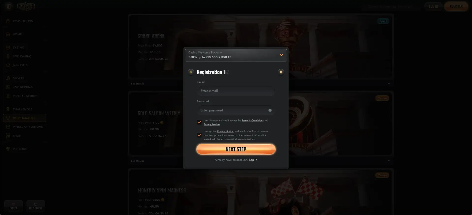 Gransino Registration interface
