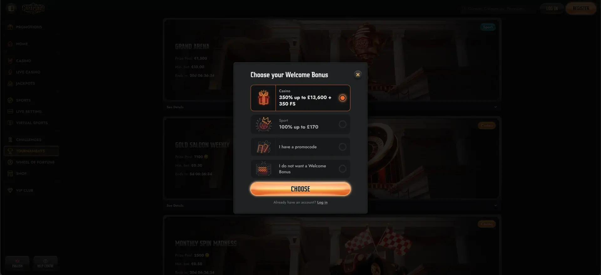 Gransino Welcome Bonus interface