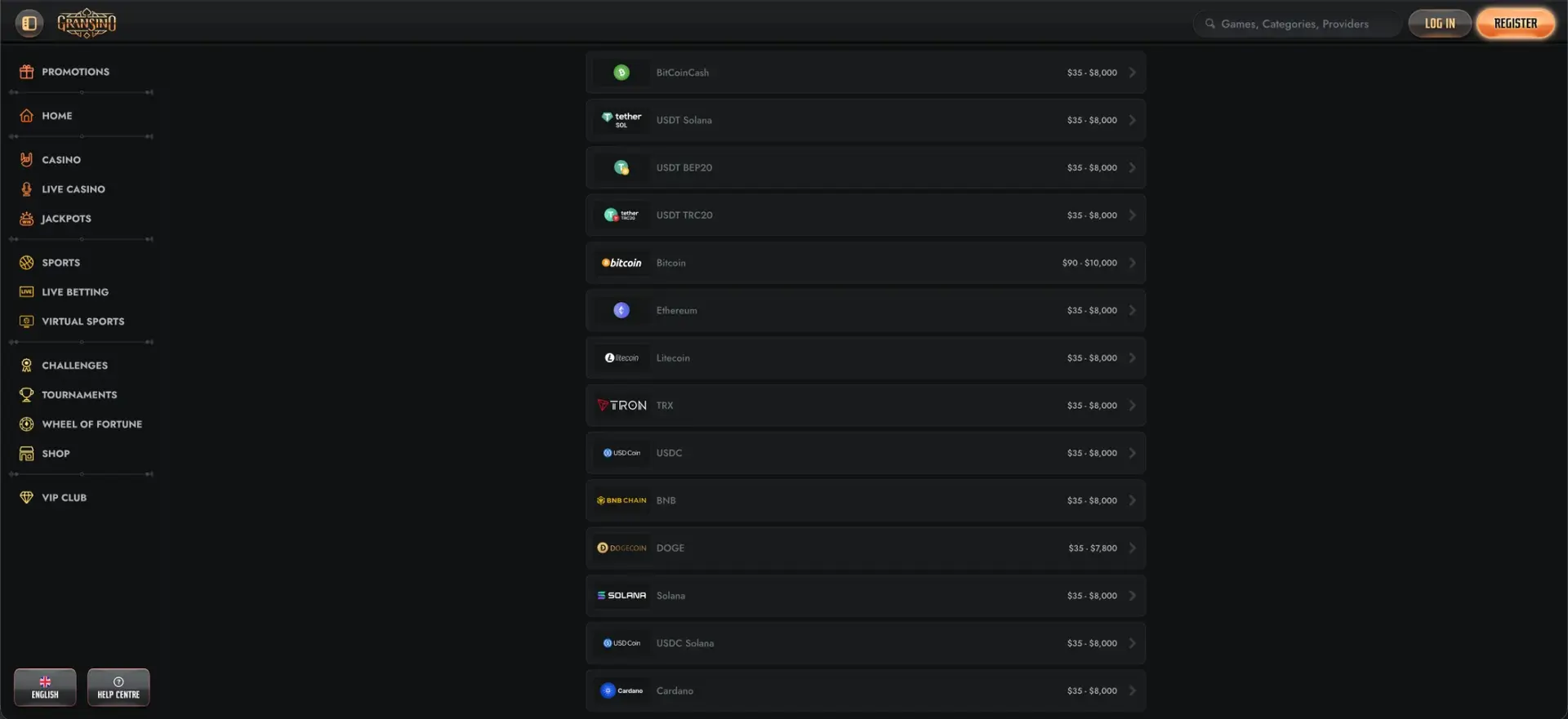 Gransino Withdrawal Methods 2 interface
