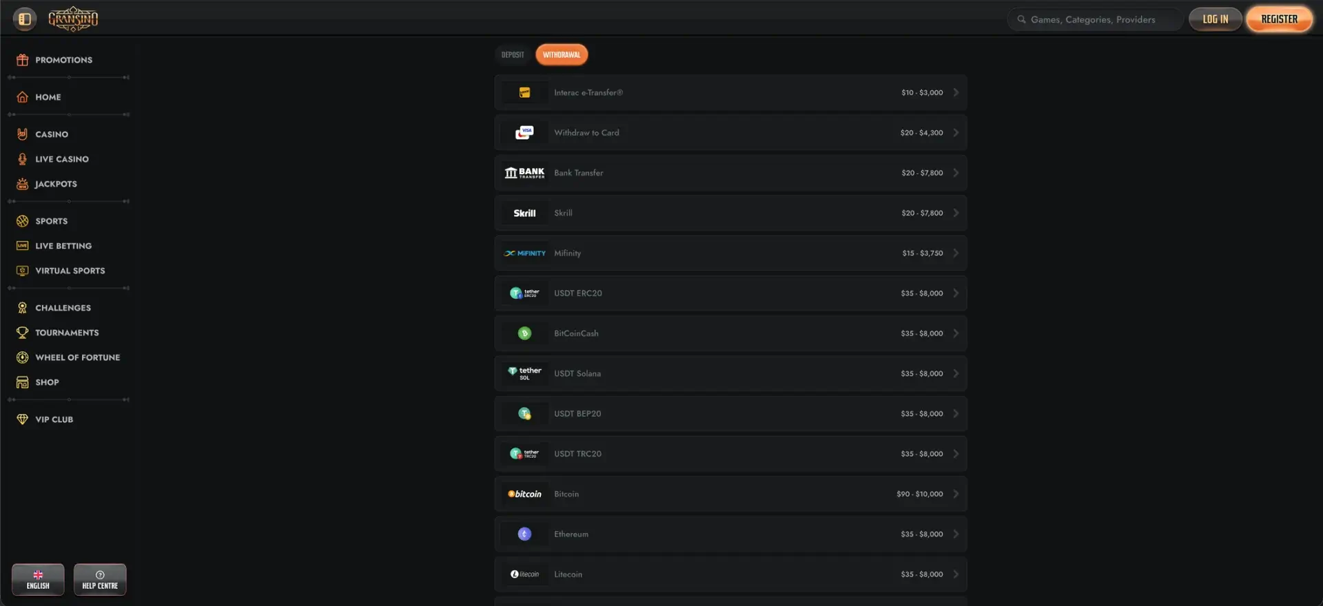 Gransino Withdrawal Methods interface